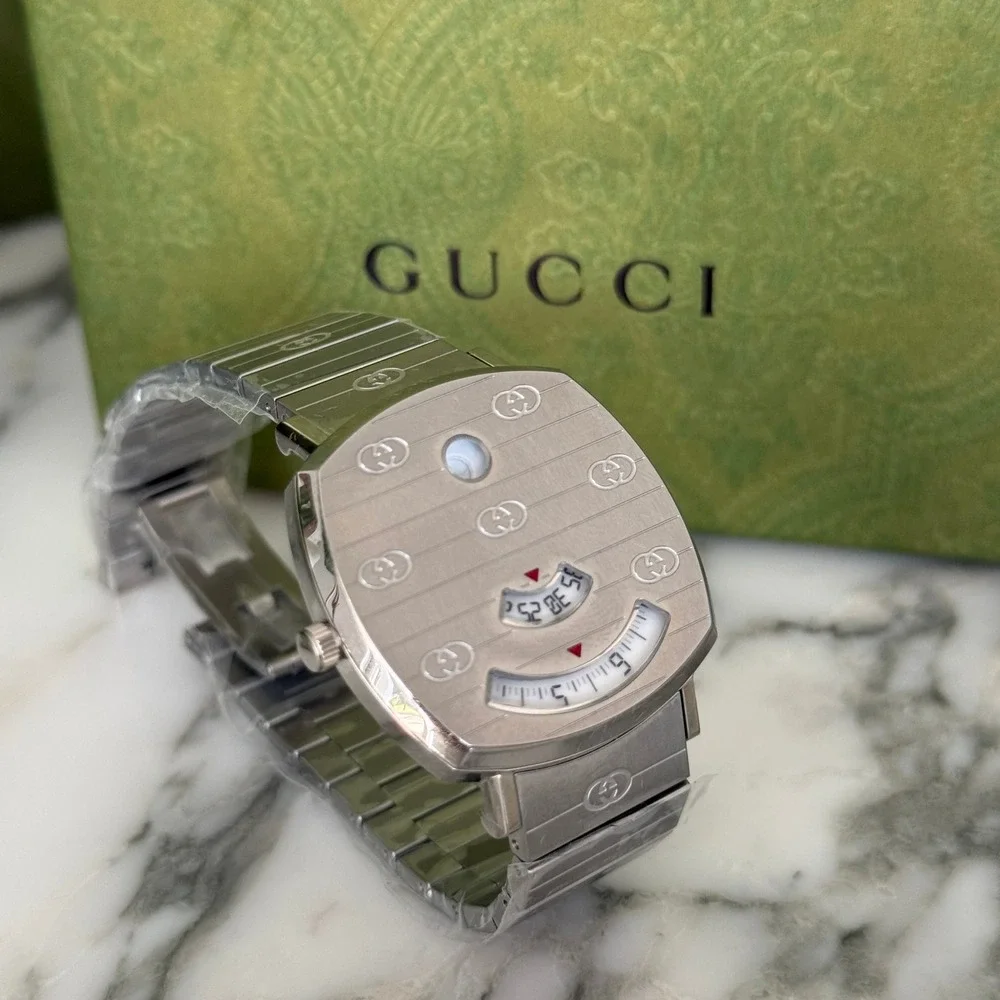 Gucci Grip Watch YA157401 Stainless Steel Silver Logo Engraved Swiss Made 38mm